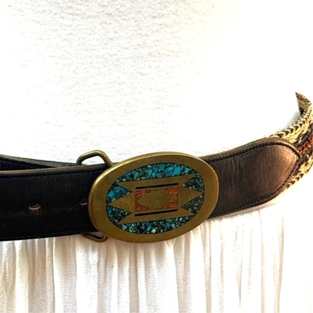 WESTERN Belt Woven Horse Hair Leather Size 32" Brown Vtg Brass Inlay Buckle